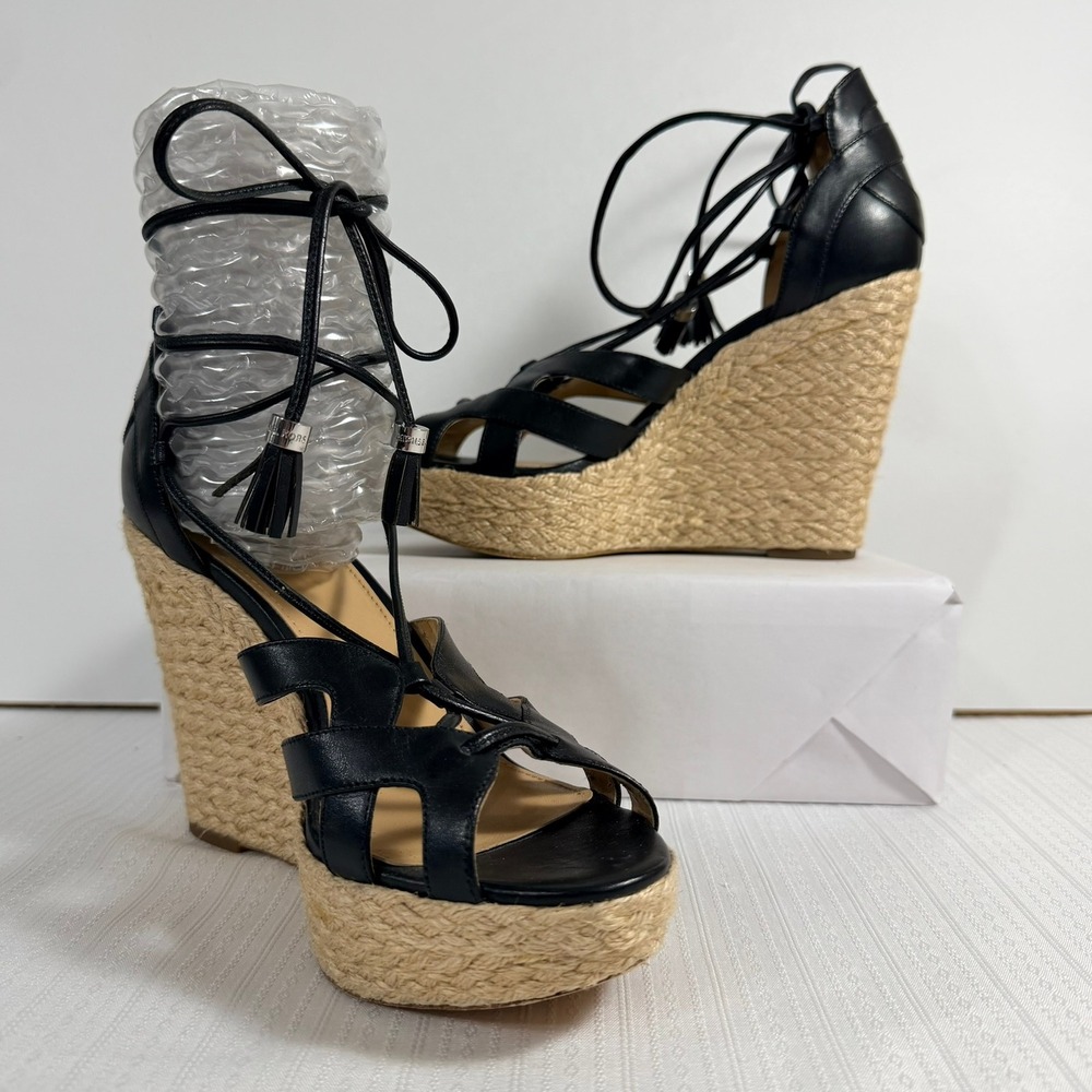 Michael Kors Women Black Leather Espadrille Wedge Sandals 8M Lace Up Tassel